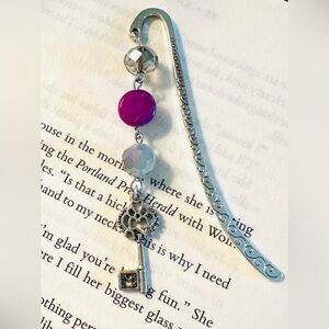 Silver & Purple Beaded Bookmark with Key Charm